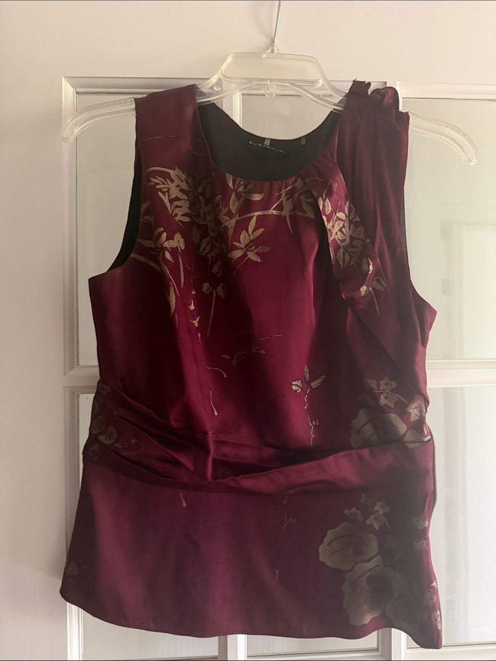 Elie Tahari Burgundy Silk Sleeveless Blouse with Gold Floral Motif